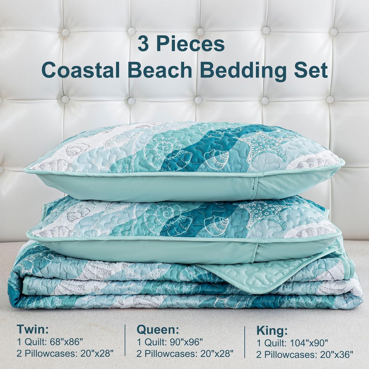 Dinjoy Coastal Blue Green Queen Quilt Set