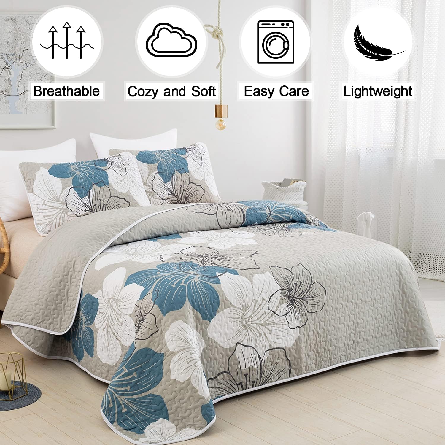 DJY 3 Piece Quilt Set California King Blue Floral Bedspread