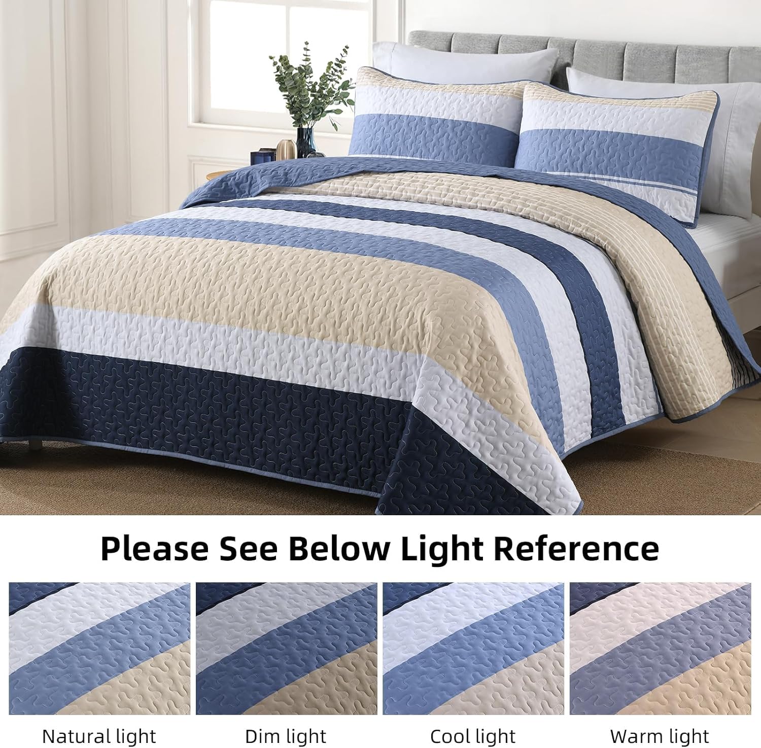 Dinjoy Blue Boho Quilt Set Queen Size 3 Pieces 1