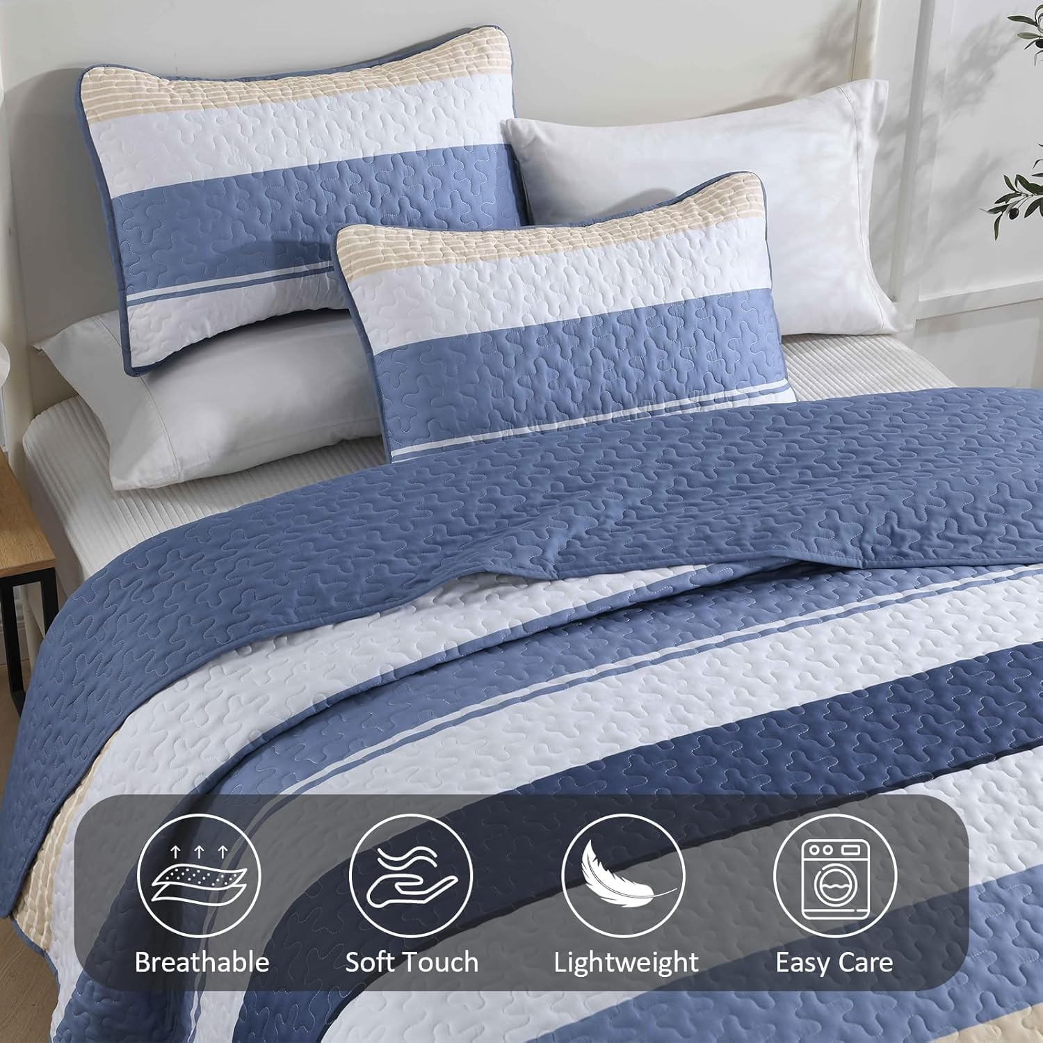 Dinjoy Blue Boho Quilt Set Queen Size 3 Pieces 1