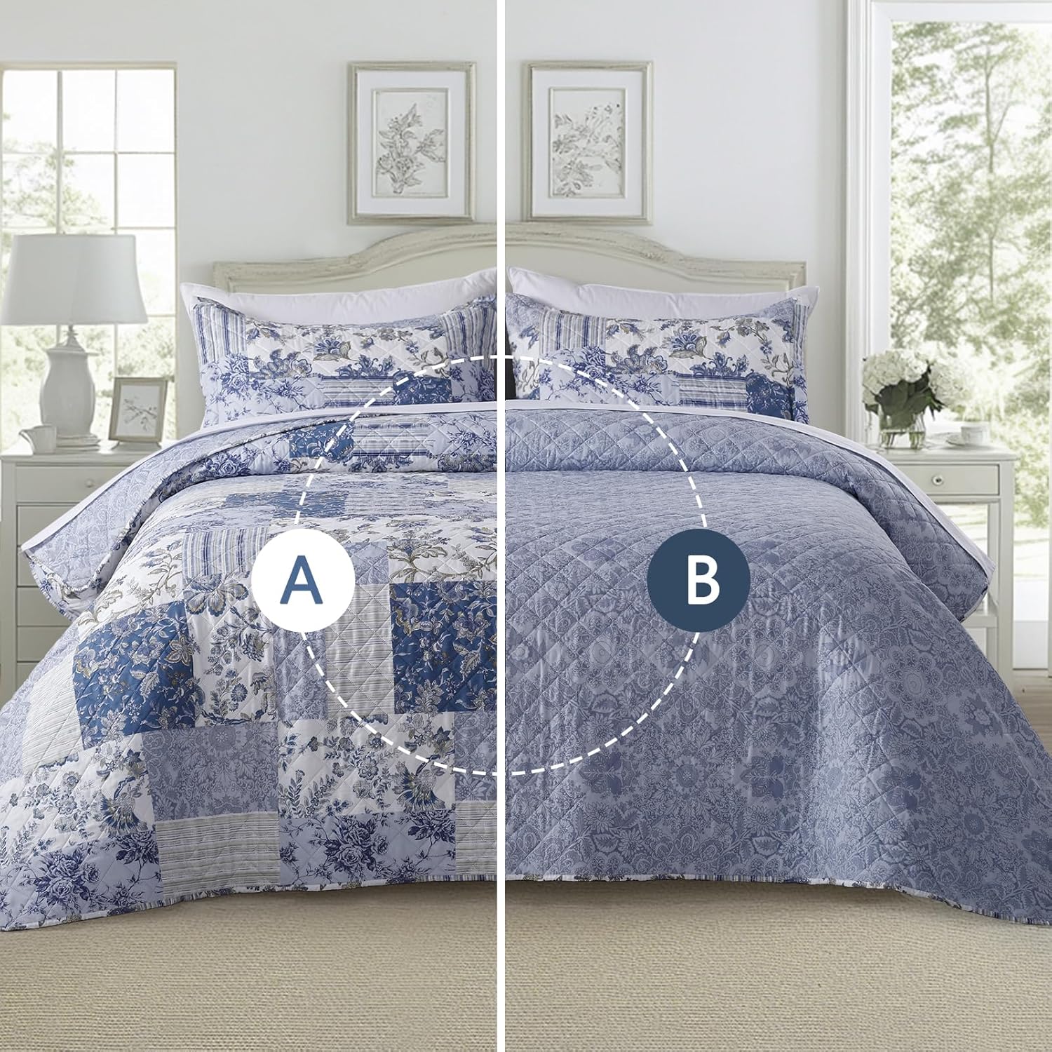 GOONE Blue Floral Quilt Set Queen