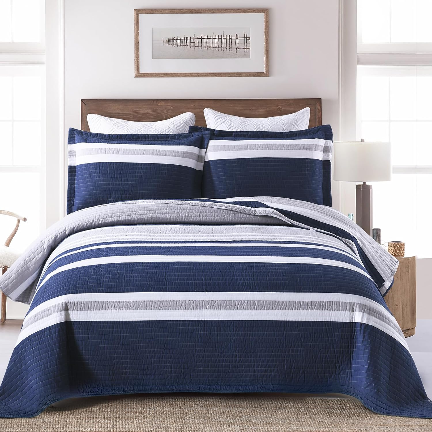 SahSahCasa Queen Quilt Set - Navy Blue Striped 3 Pieces 100 Cotton