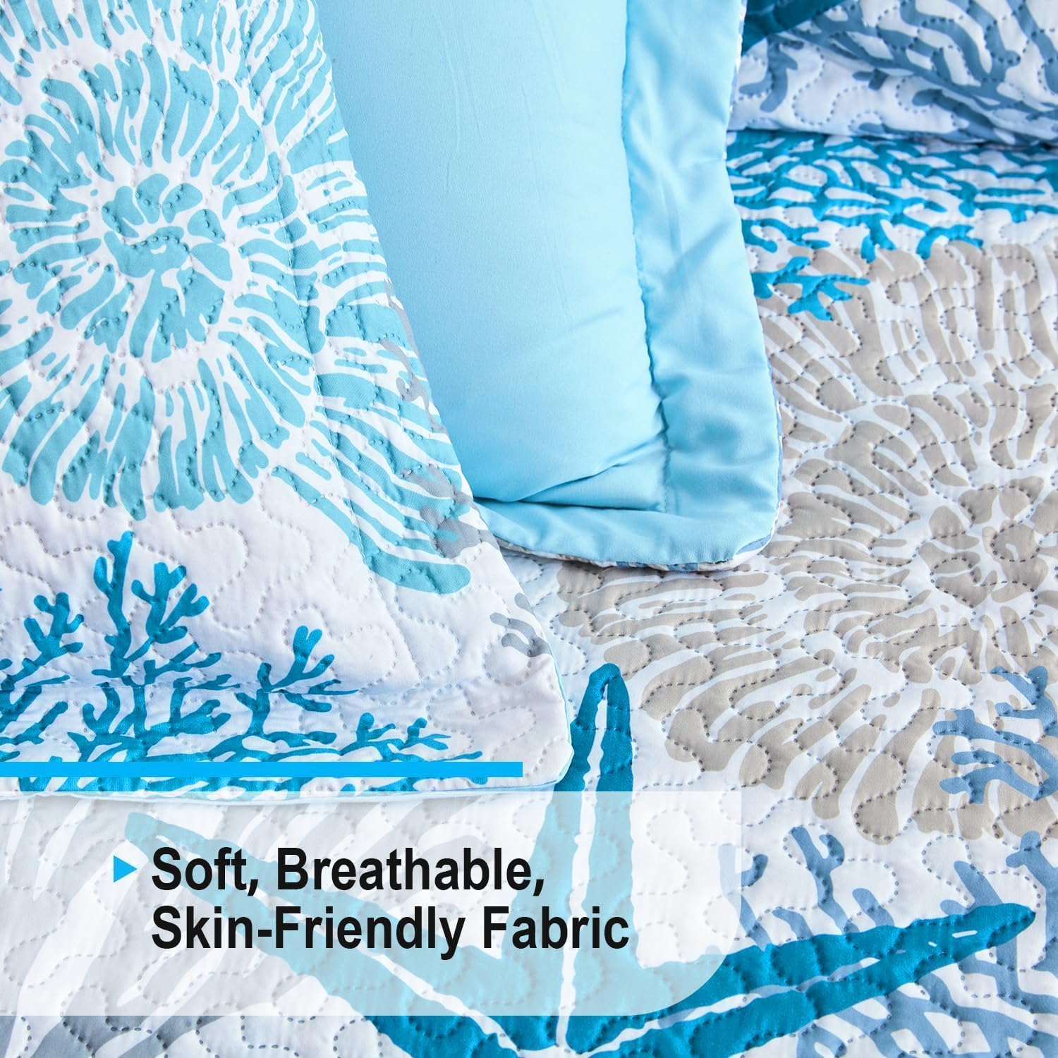 Tritard 3 Piece Coastal Quilt Set FullQueen - Reversible Microfiber with 2 Shams