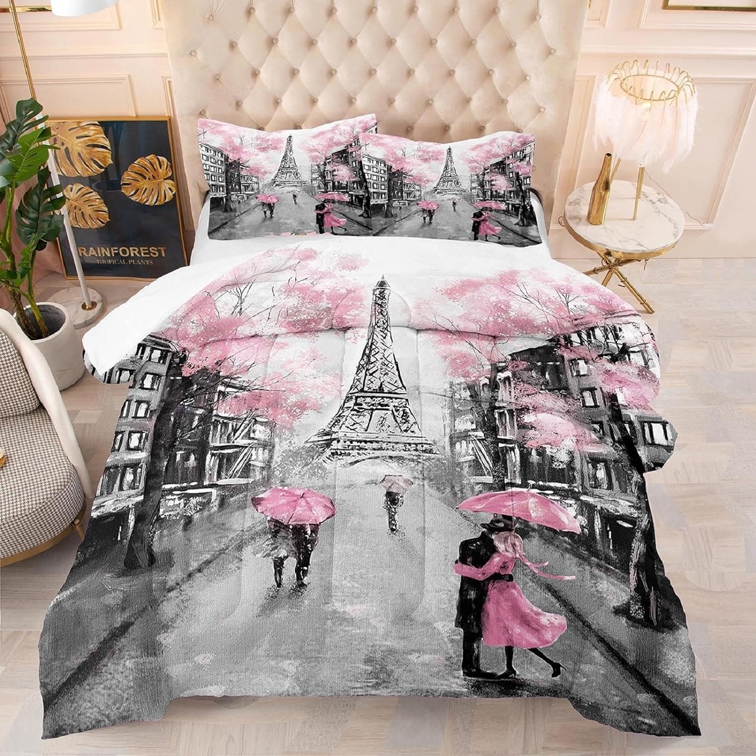 Pink Paris Eiffel Tower Comforter Set for Girls Women Kids