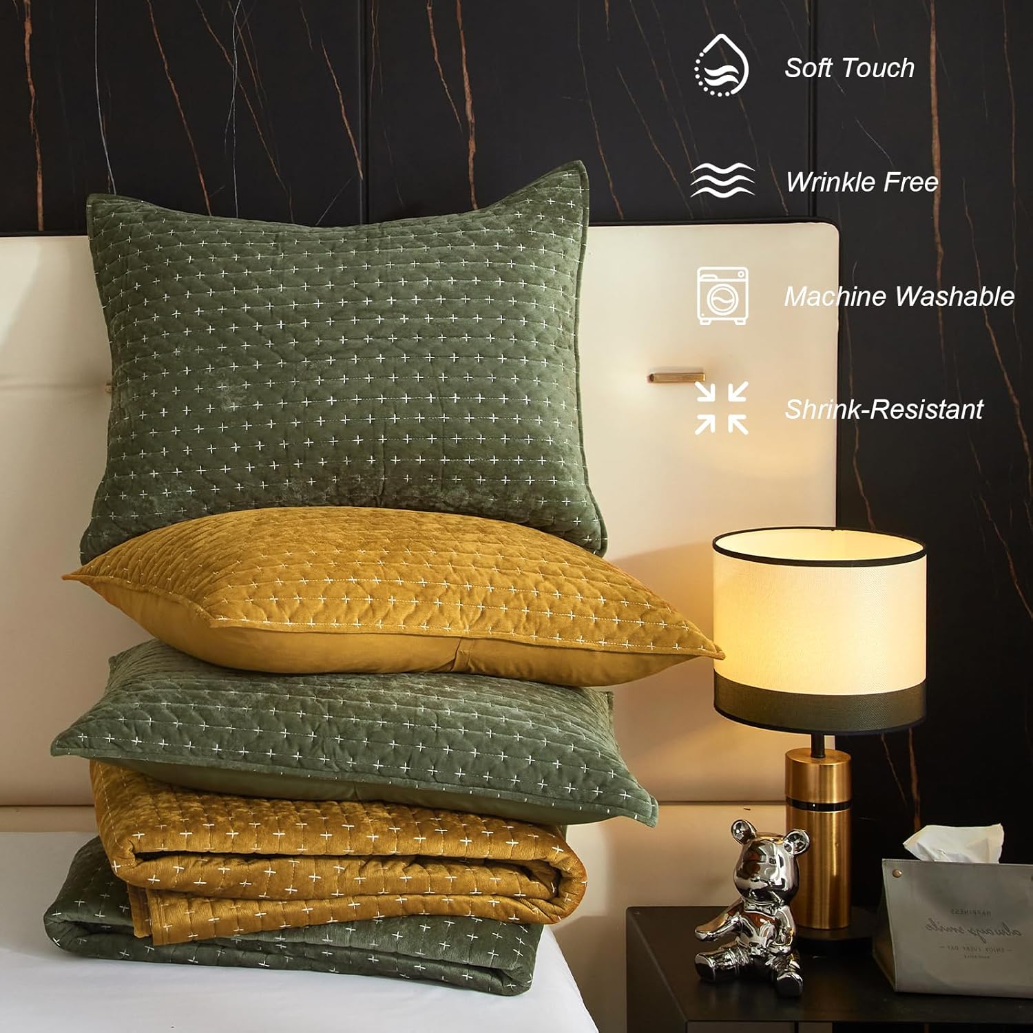 Powdion Velvet Quilt Set King Size Gold Caramel