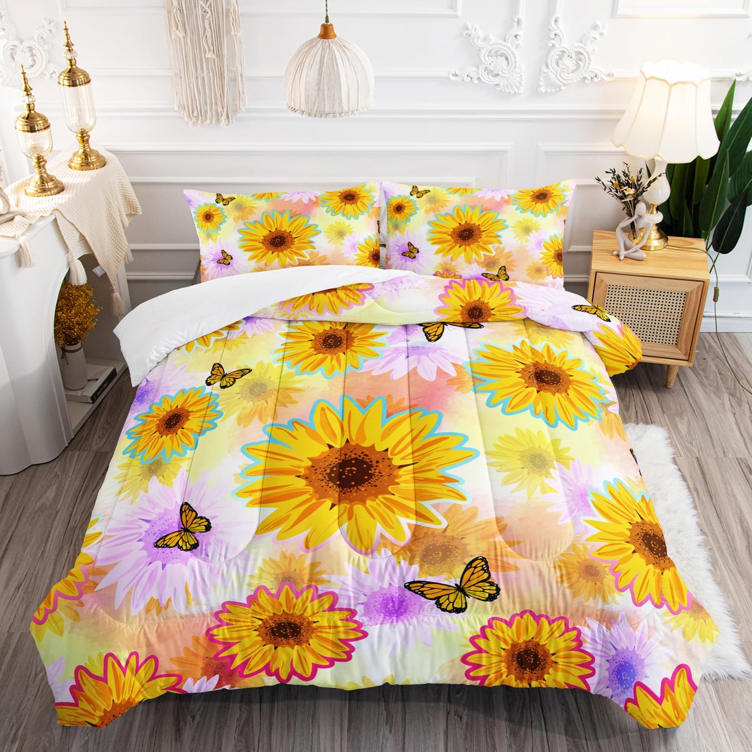 XYNHML Sunflower Butterfly Comforter Set Full Size Yellow Tie Dye