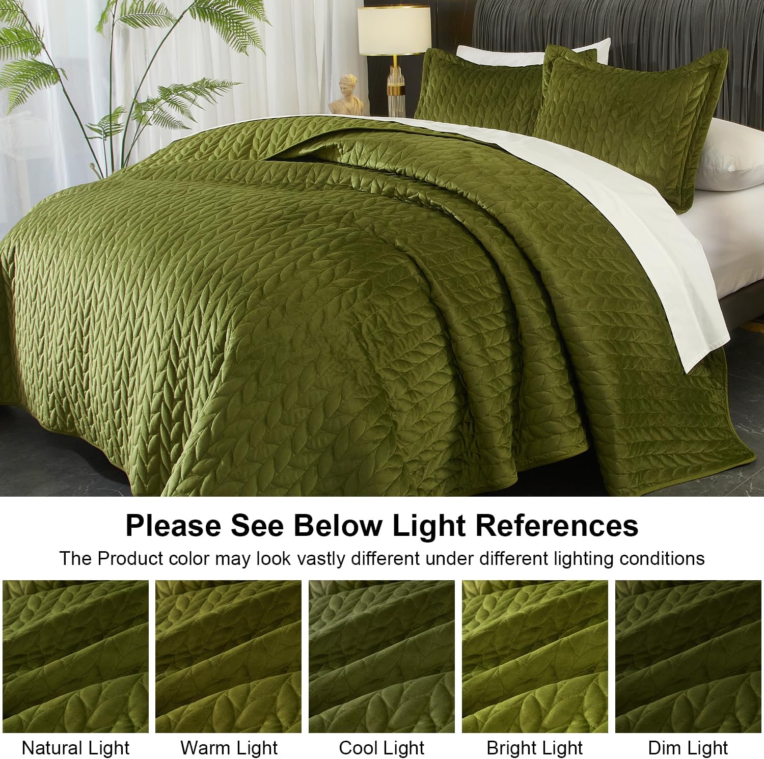 Ivellow Velvet Quilt Set King Size Green