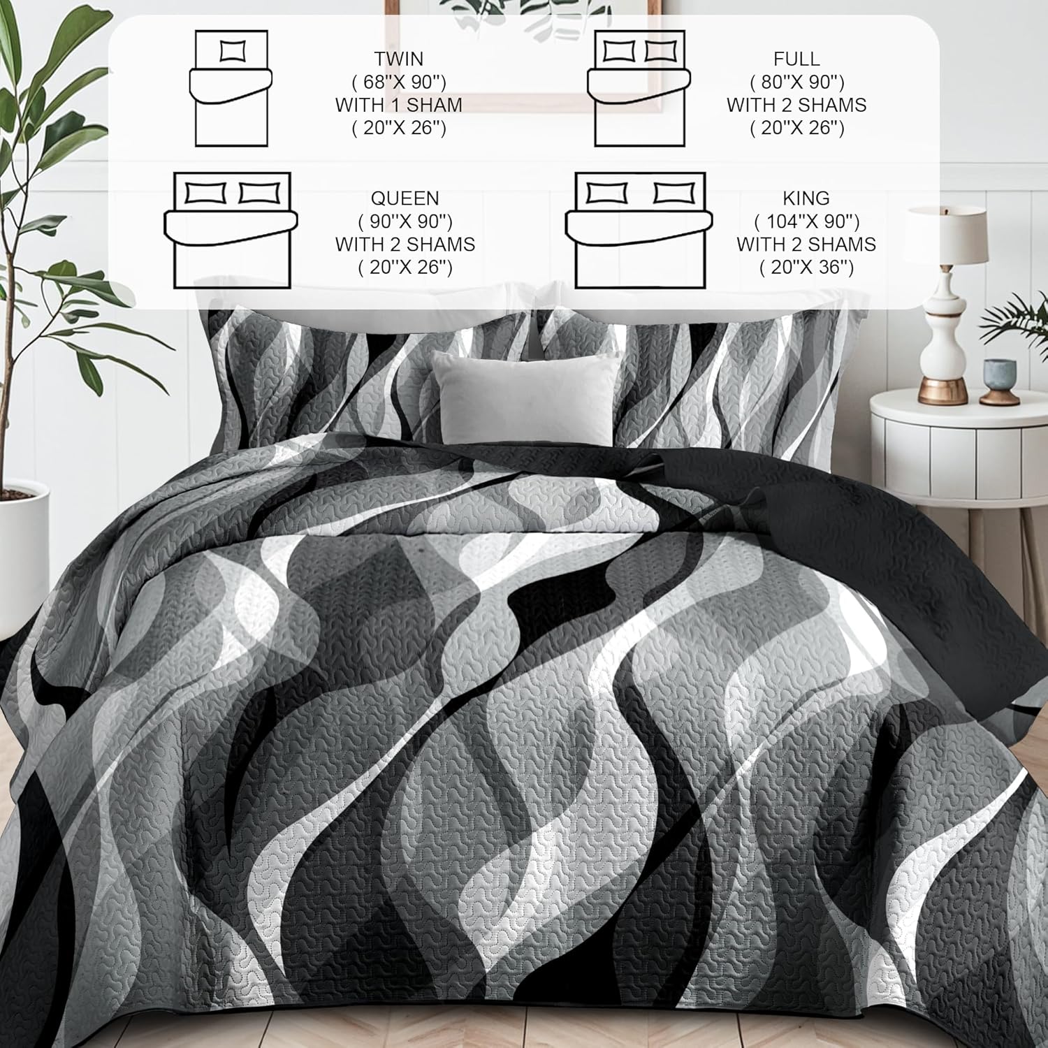 Weesire Modern Grey Black Stripe Quilt Set King Size