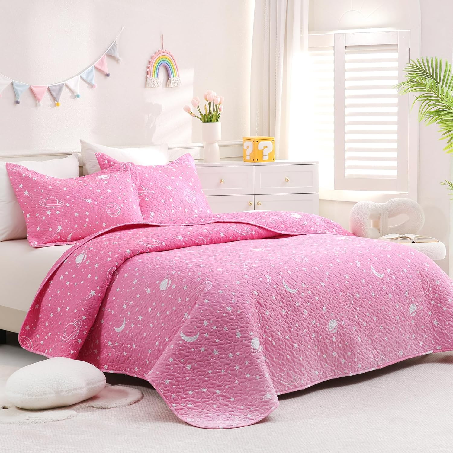 JSD Gradient Pink Stars Kids Quilt Set Full Queen Space Theme