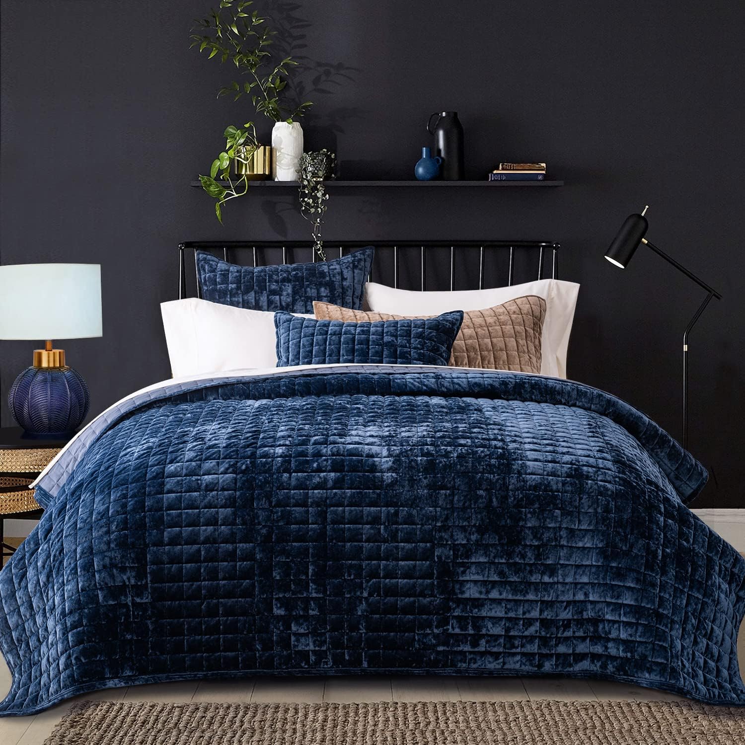 RECYCO Luxury Velvet Quilt Set King Size Navy Blue 1