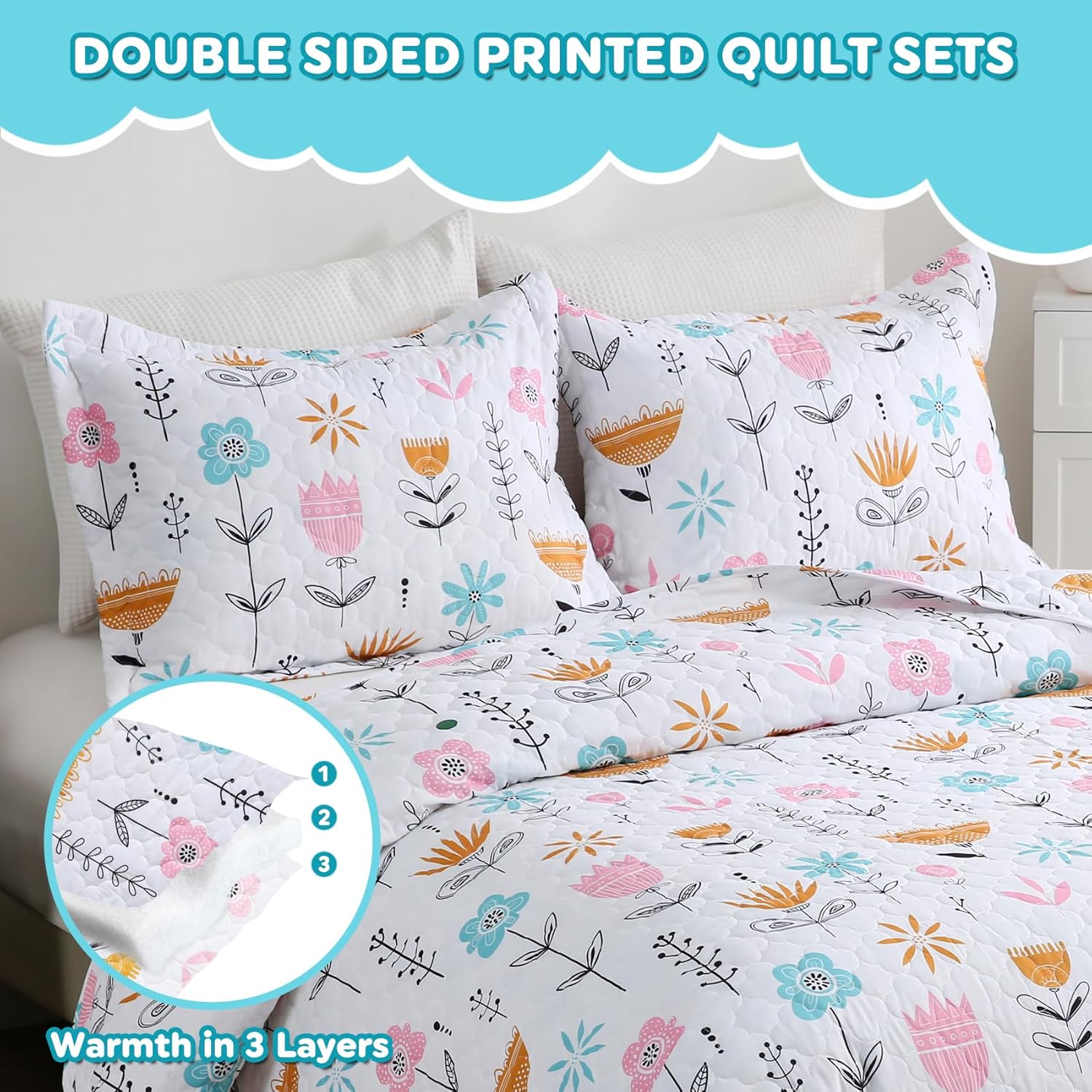 CIMVI Girls Pink Floral Quilt Set Full Size Kids Bedding