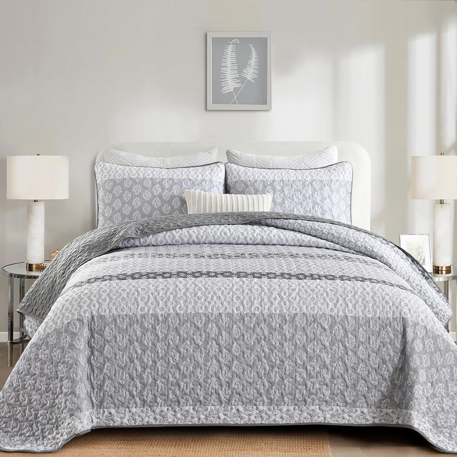 Boho Quilt Set Full Size Gray Striped Bedding 3 Pieces