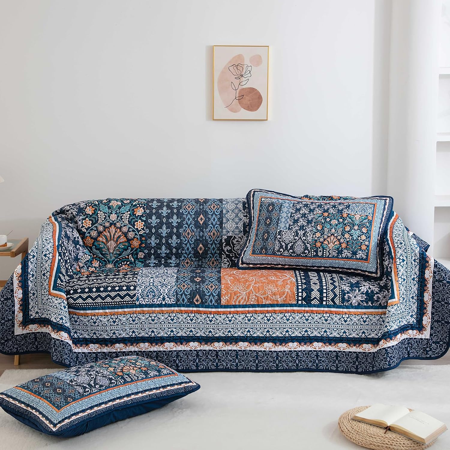 Navy Blue Bohemian Quilt Set Queen Size 96x90