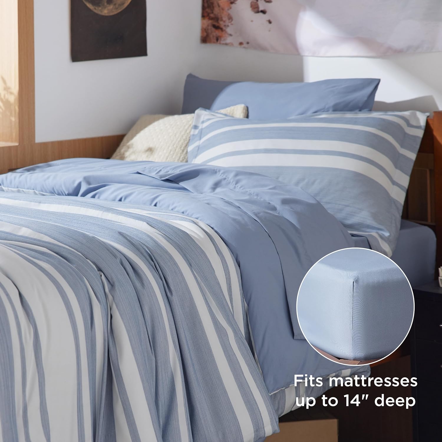 Bedsure Twin XL Comforter Set 5 Pieces Blue Striped