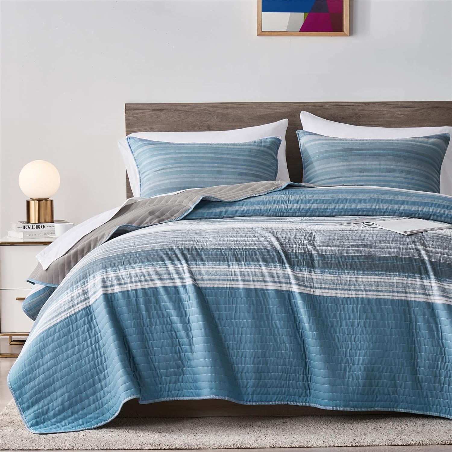 KAKIJUMN KingCal King Quilt Bedding Set White Grey Blue Striped Design