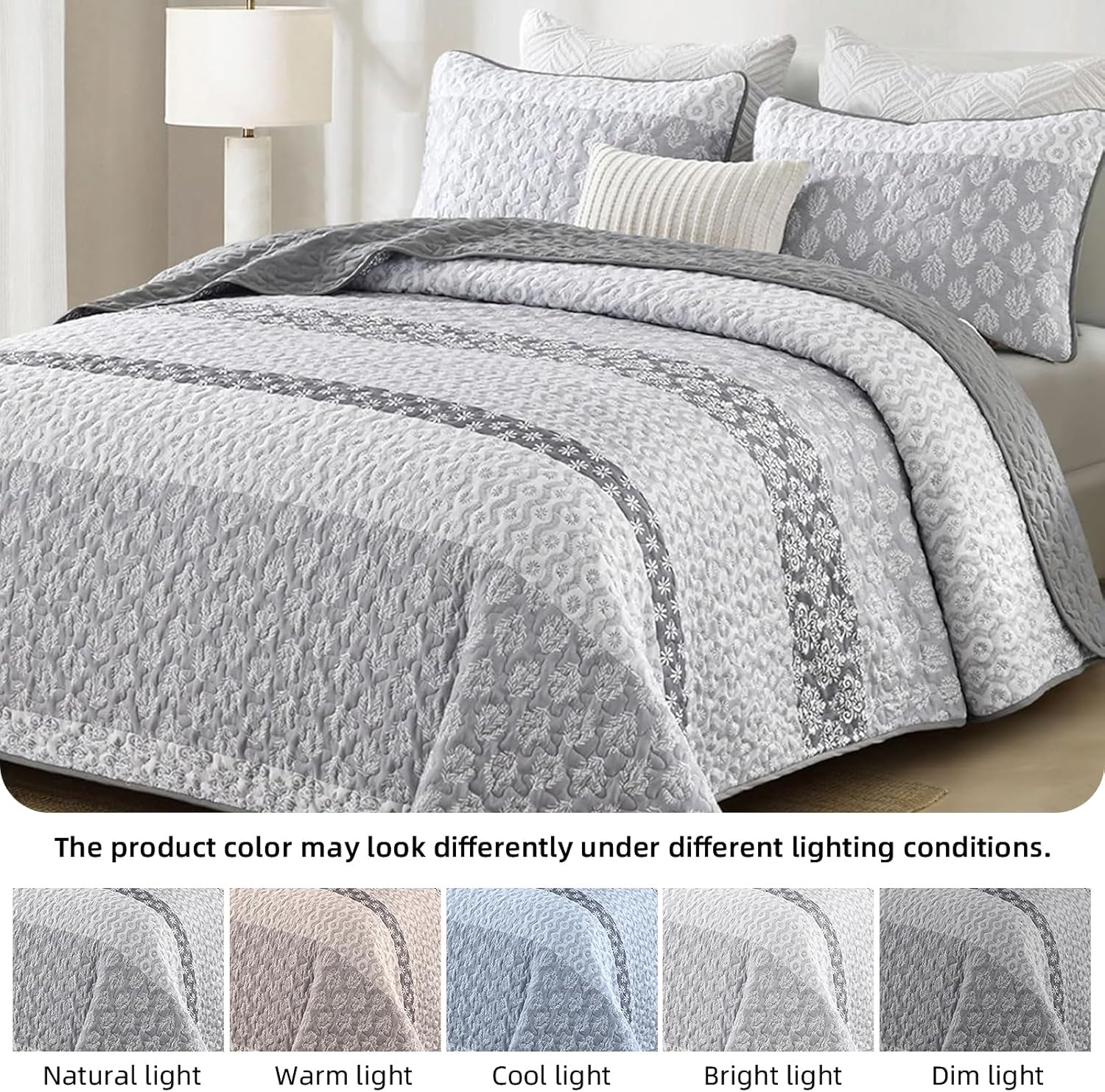 Boho Quilt Set Full Size Gray Striped Bedding 3 Pieces