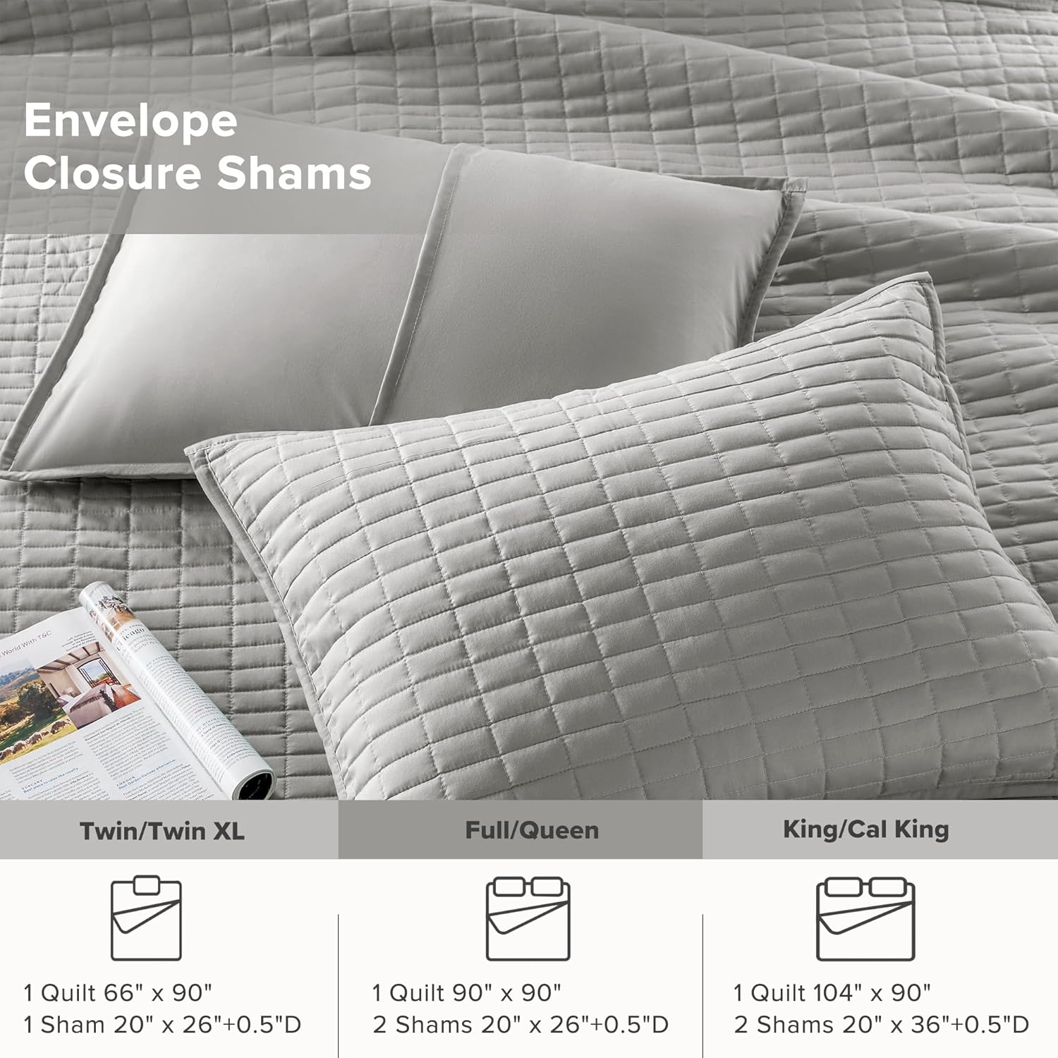 Comfort Spaces Kienna Quilt Set - Grey Lightweight Double Sided 3 Piece