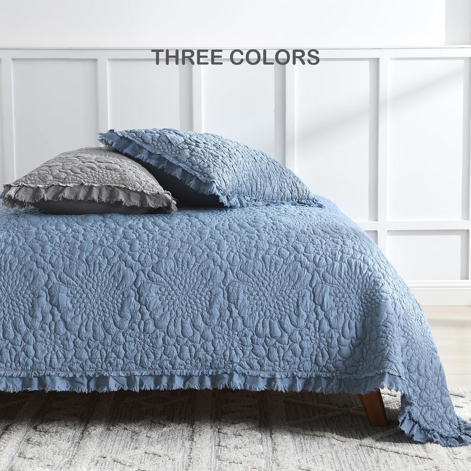 HORIMOTE HOME Blue Ruffled Quilt Set Queen Size 3 Piece