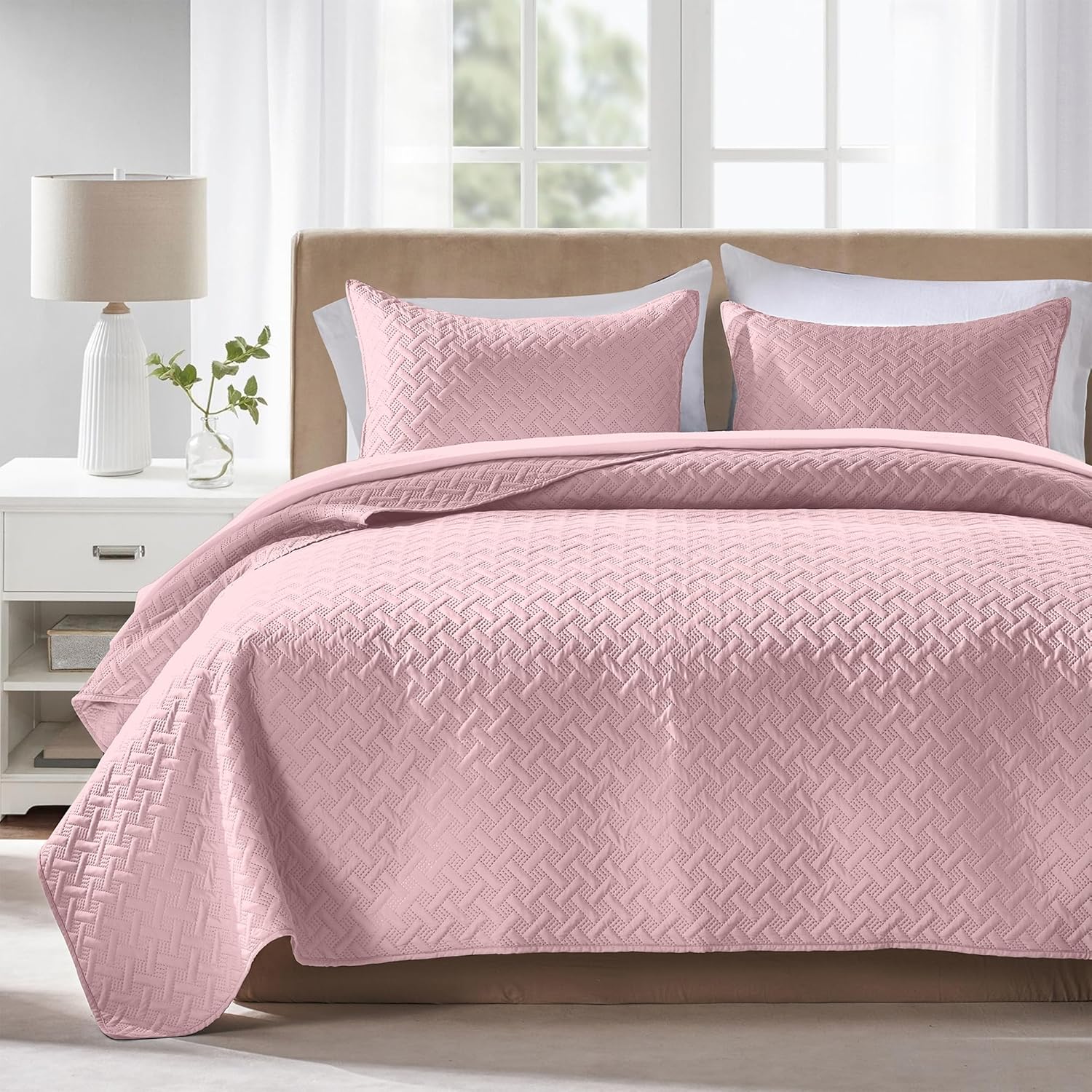 FLYMME Queen Quilt Bedding Set Pink Lightweight 1