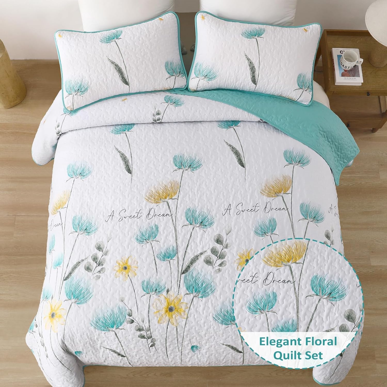Dinjoy Floral Quilt Set Queen Size 3 Pieces 1
