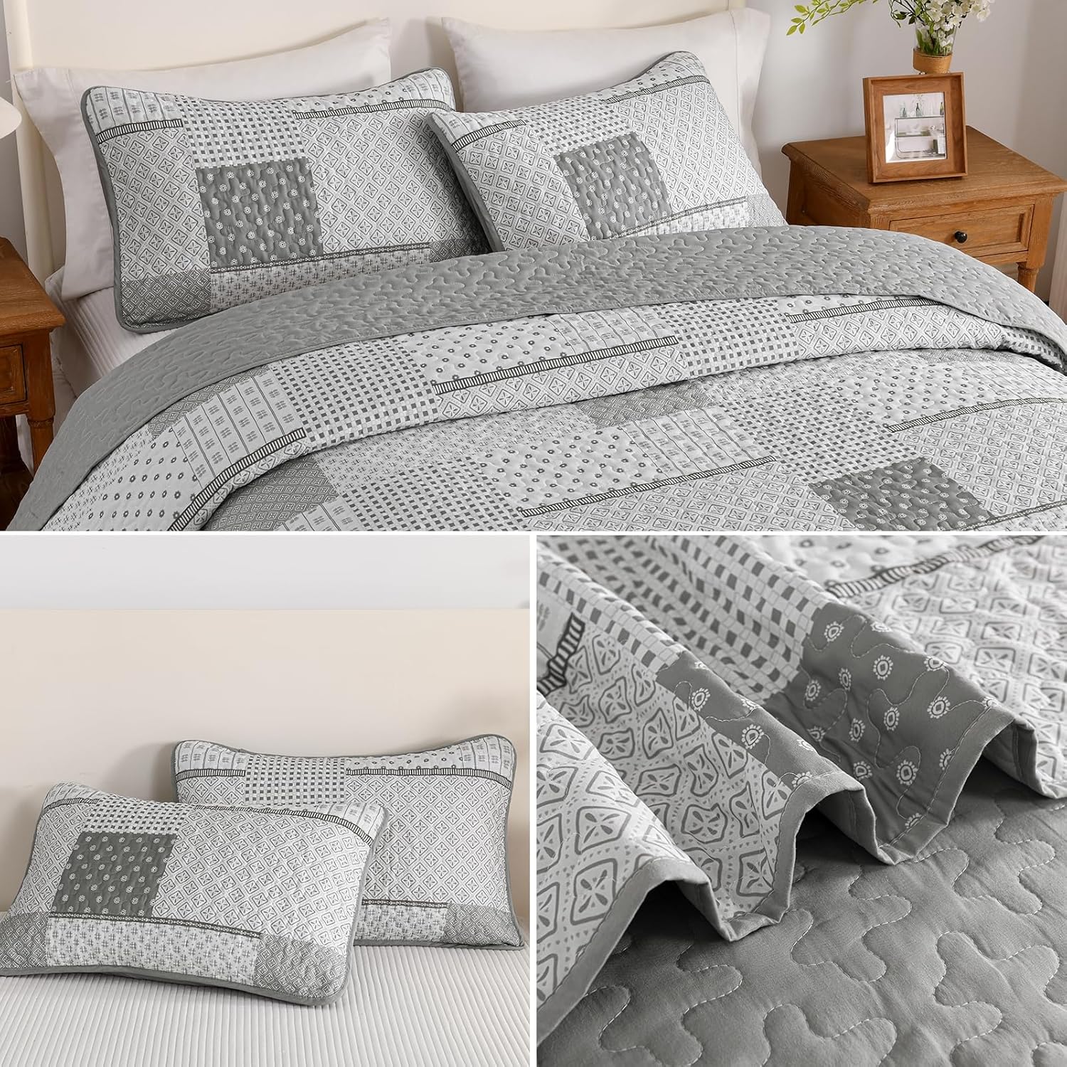 WONGS BEDDING 3 Piece Quilt Set Queen Size Grey