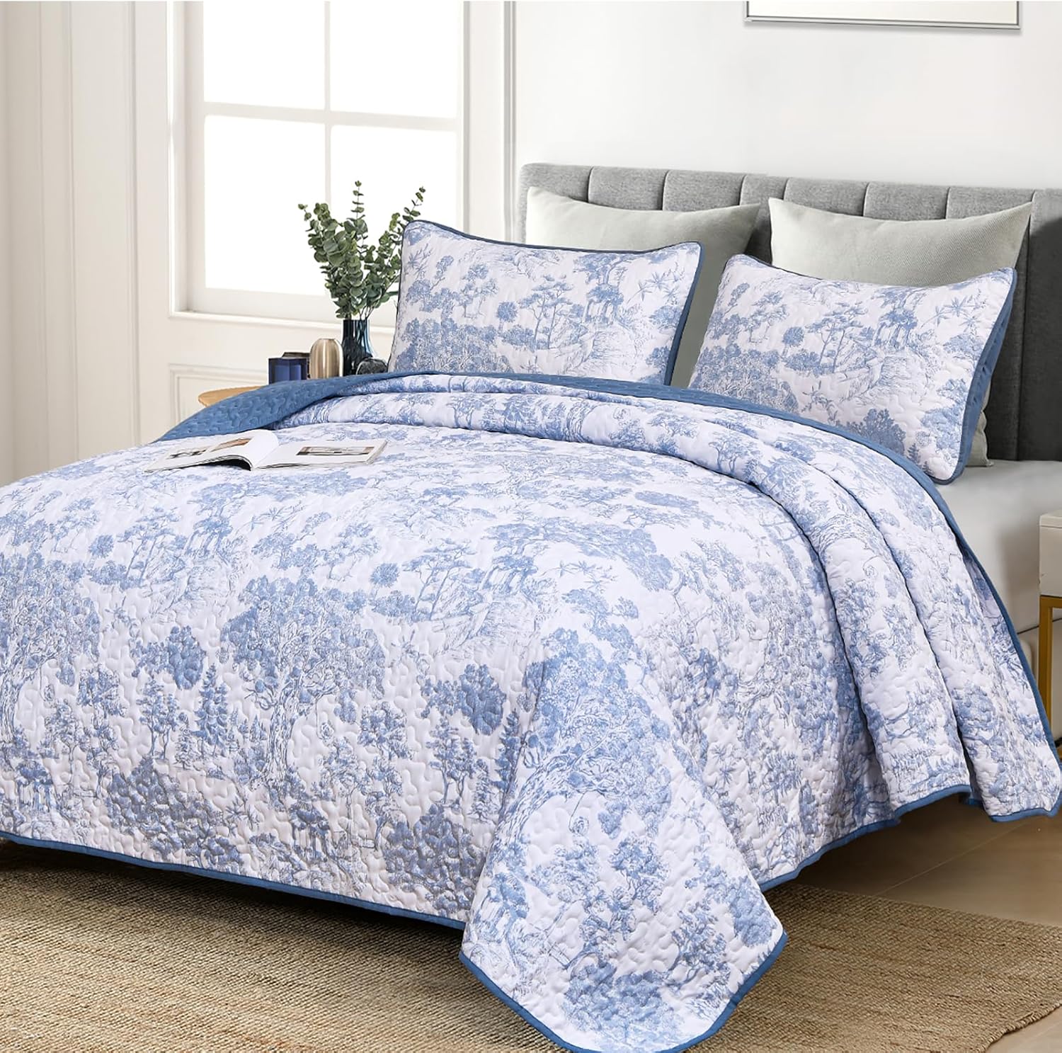 WONGS BEDDING King Size Blue Quilt Set 3 pcs