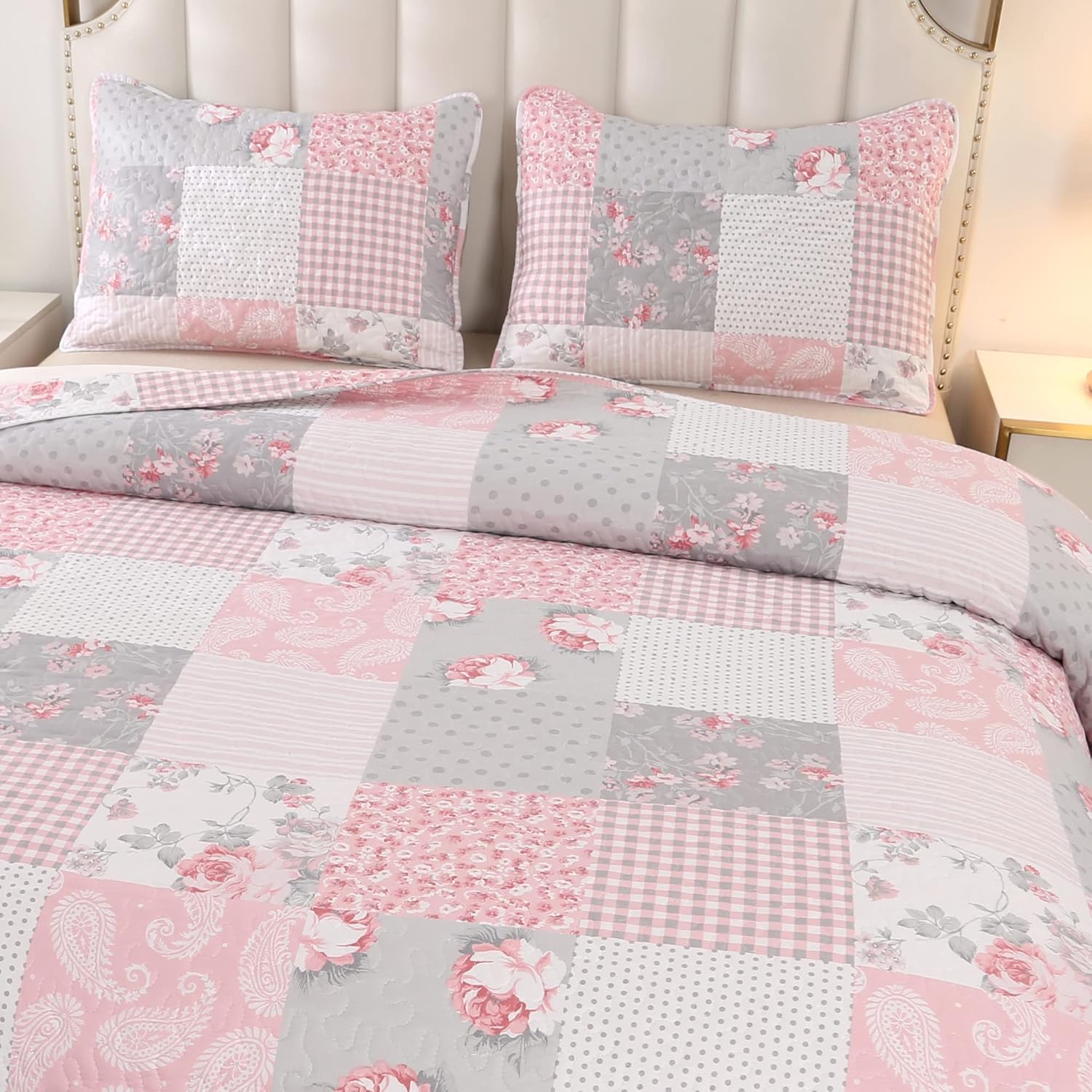 VIVILINEN Pink Full Queen Quilt Set Reversible