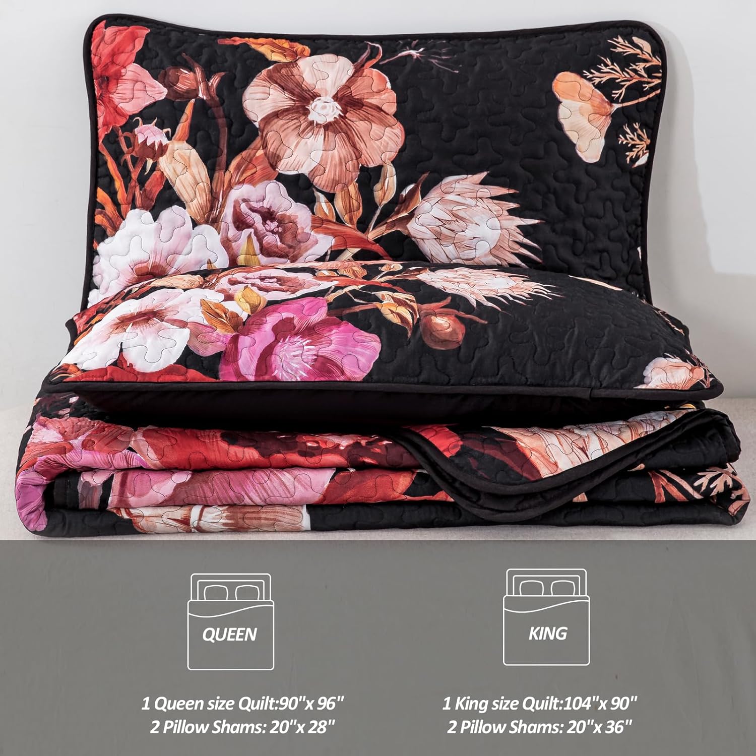 Drucon Red Floral Queen Quilt Set 3 Piece