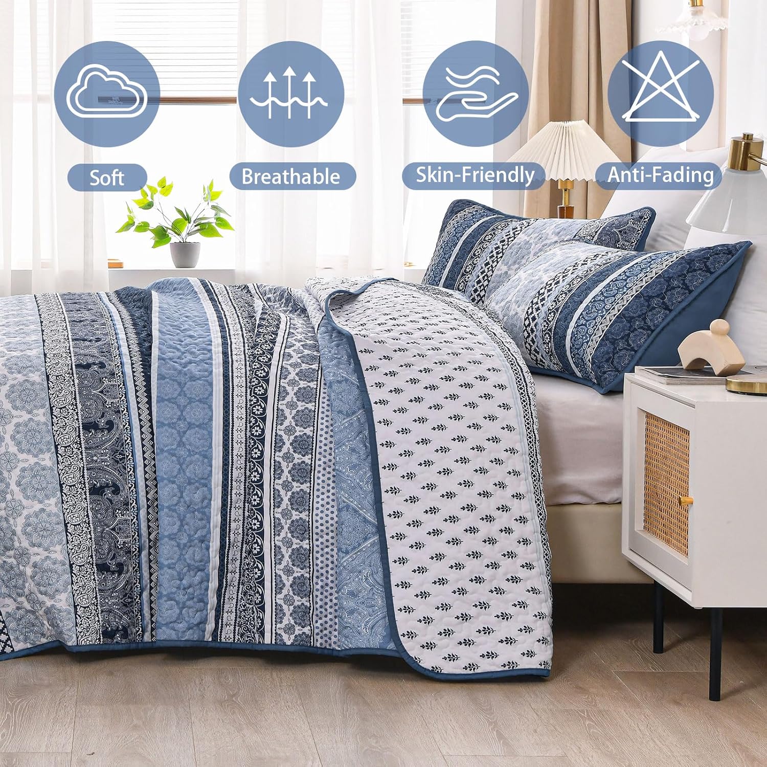 WONGS BEDDING Navy Blue Boho Queen Quilt Set 3pcs