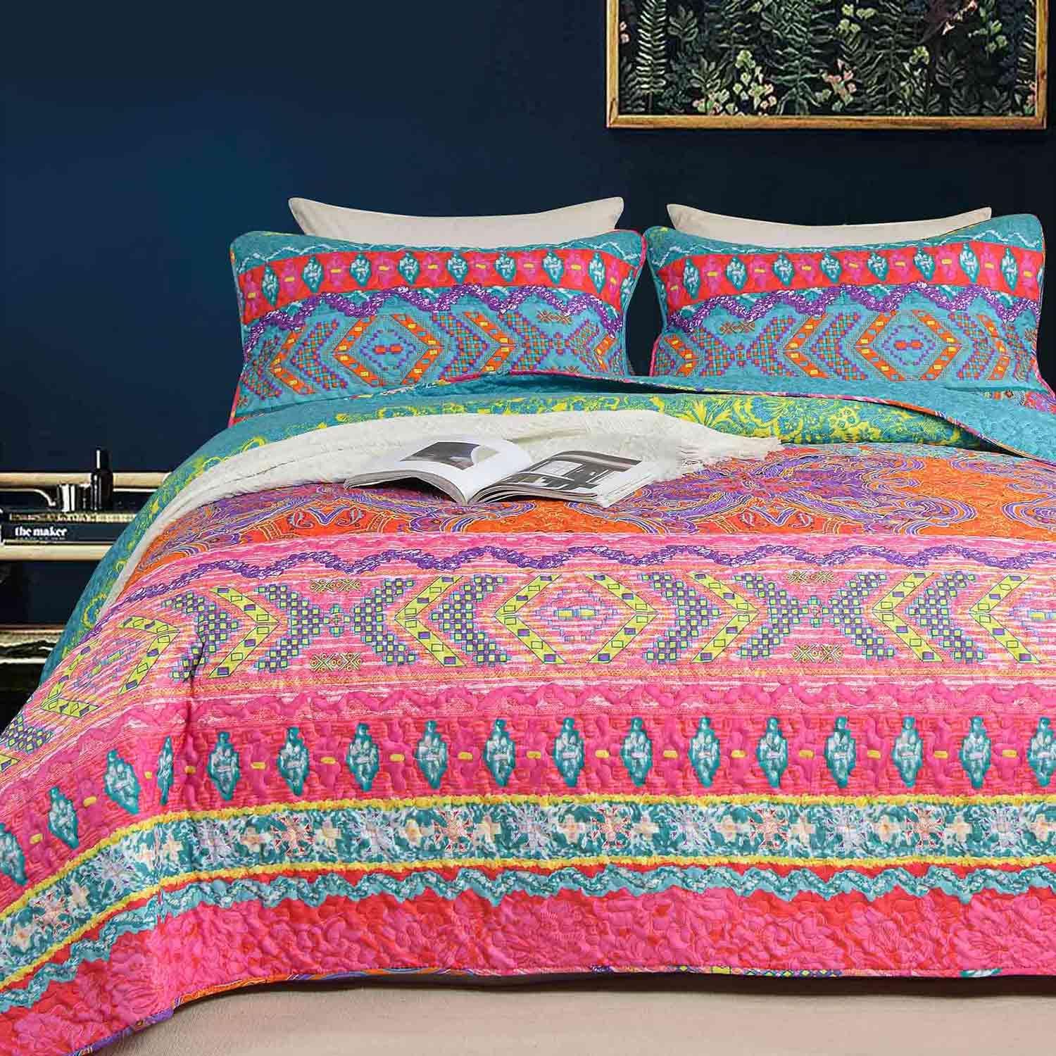 Nanko Quilt Set Queen Full 3 Pcs Boho Striped Bedding 1