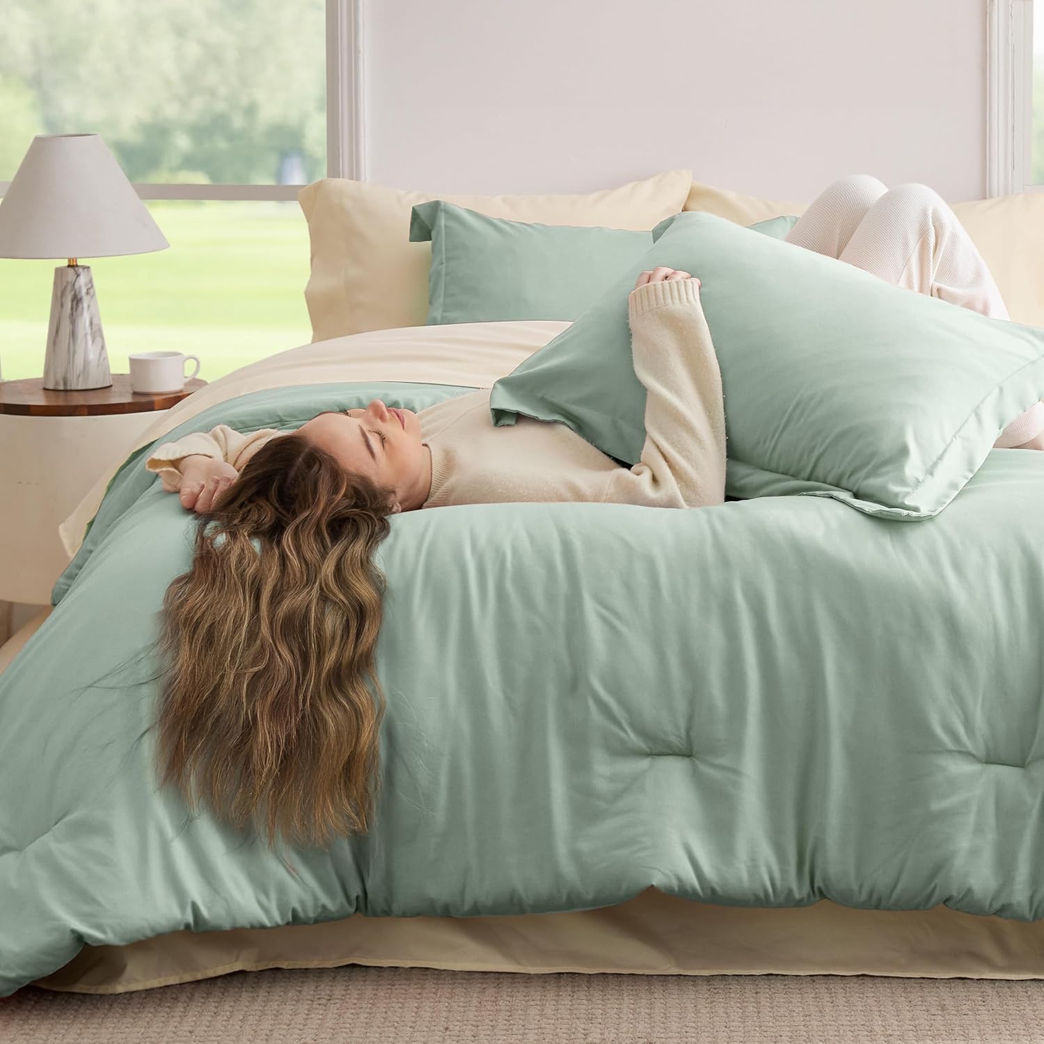 Bedsure Queen Comforter Set - 7 Piece Sage Green Bedding with Contrasting Design