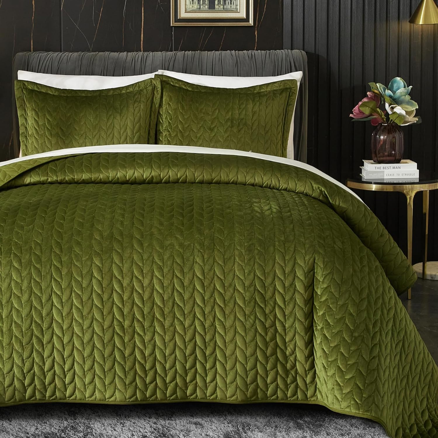 Ivellow Velvet Quilt Set King Size Green