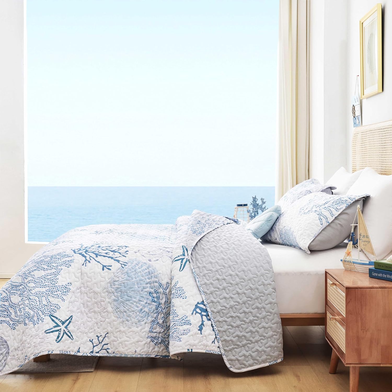 Weigelia Coastal Quilts Queen Bedding Set - Blue Nautical Comforter with Pillow Cases