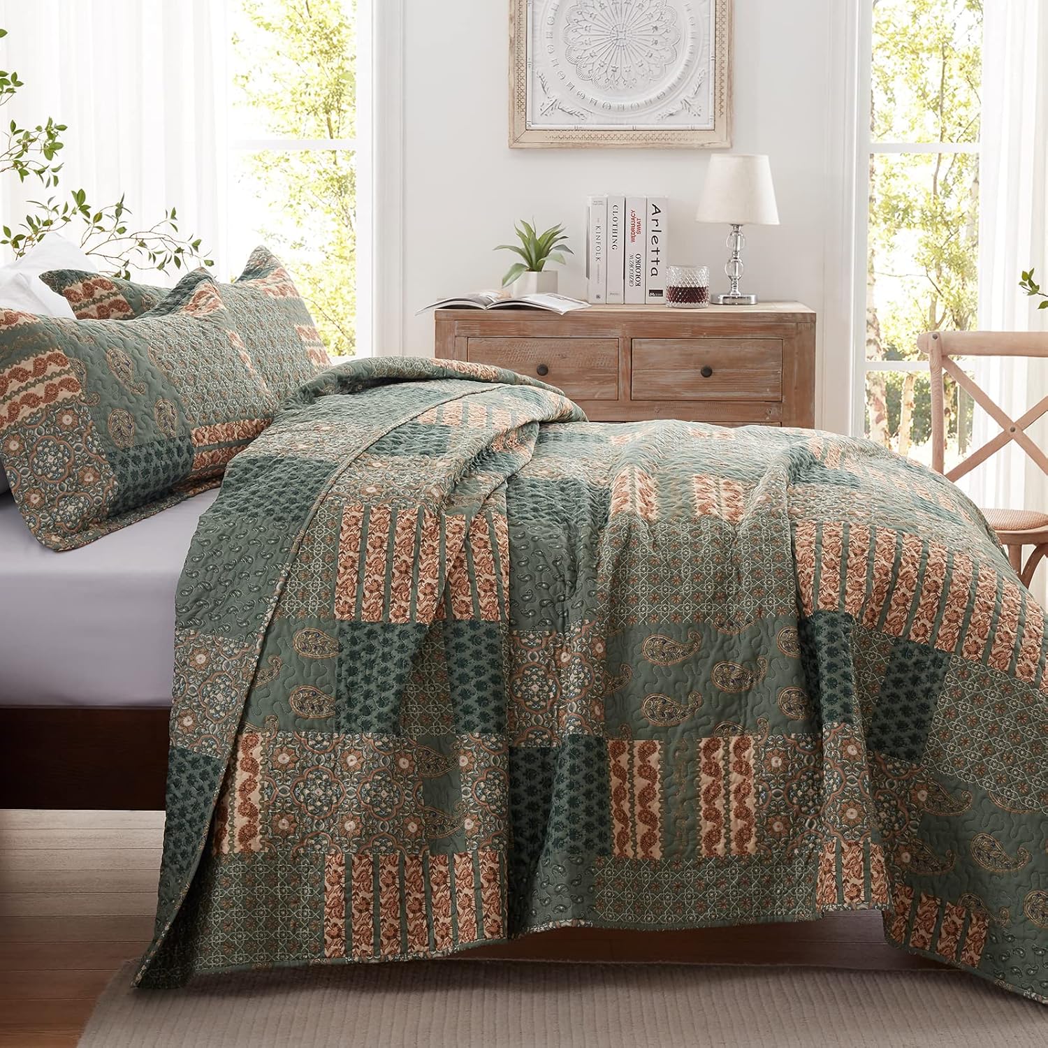 LEAONME 3-Piece California King Quilt Set Olive Green 1