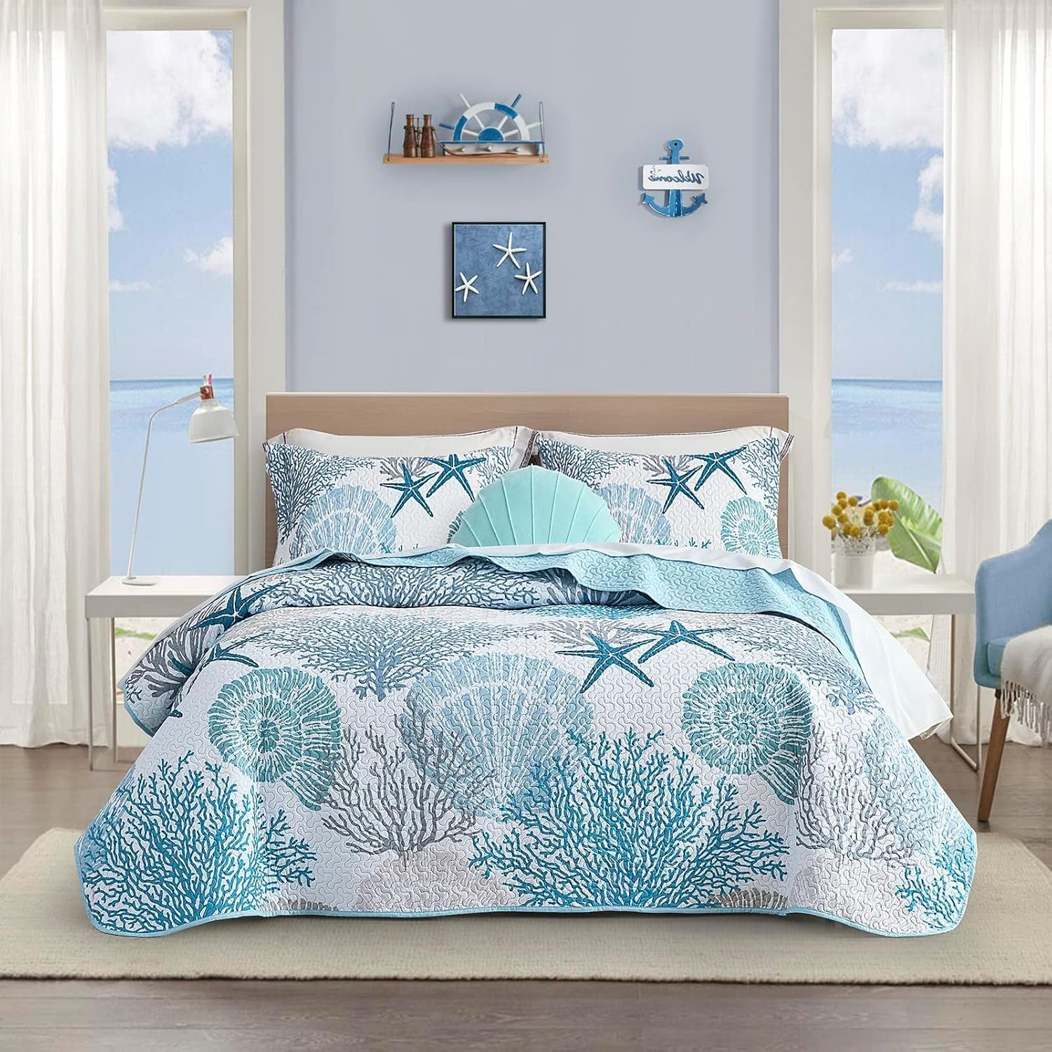 Tritard 3 Piece Coastal Quilt Set FullQueen - Reversible Microfiber with 2 Shams
