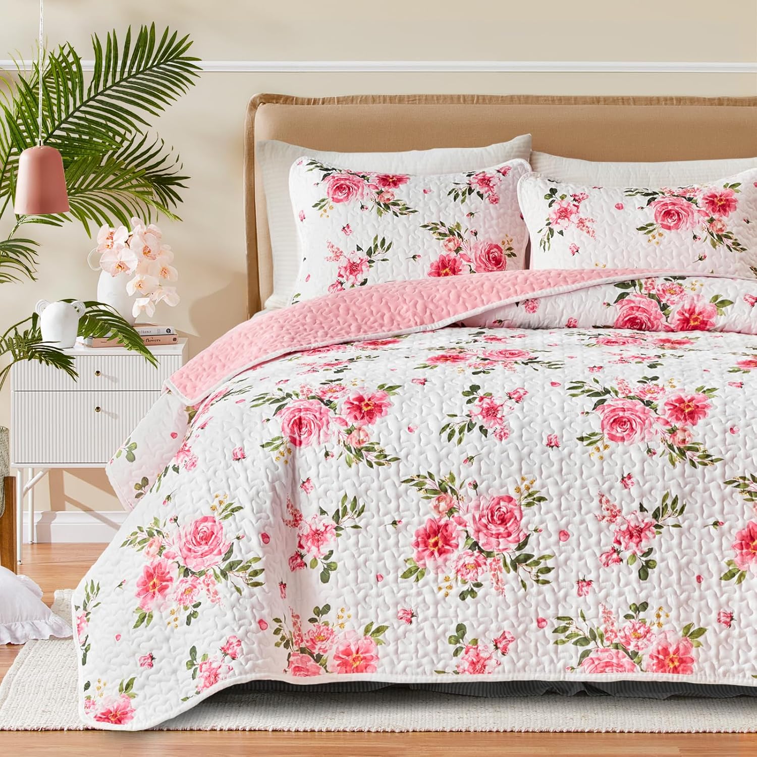 UOZZI BEDDING 3 Piece Reversible Flower Bedspread Set