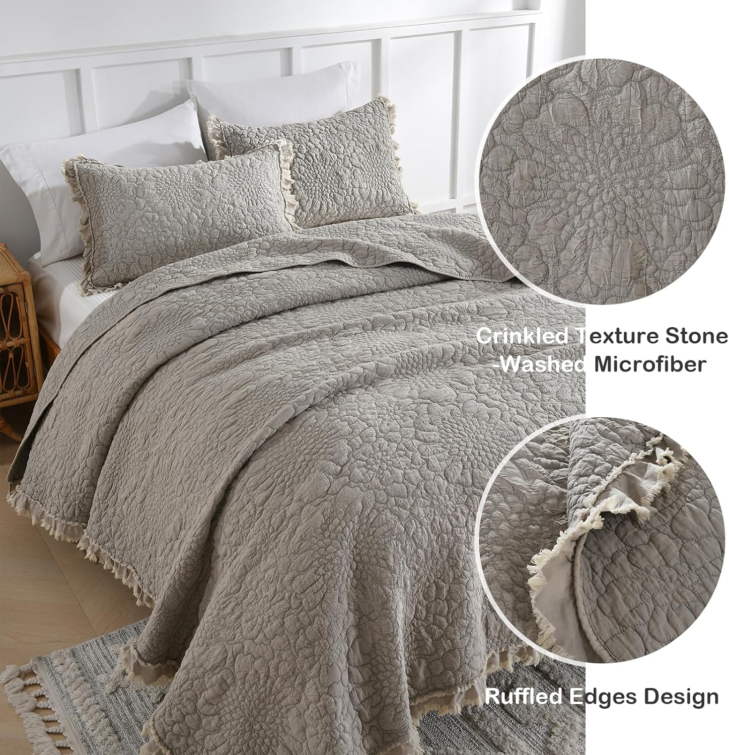 HORIMOTE HOME Beige Ruffled Quilt Set King Size 3 Pieces