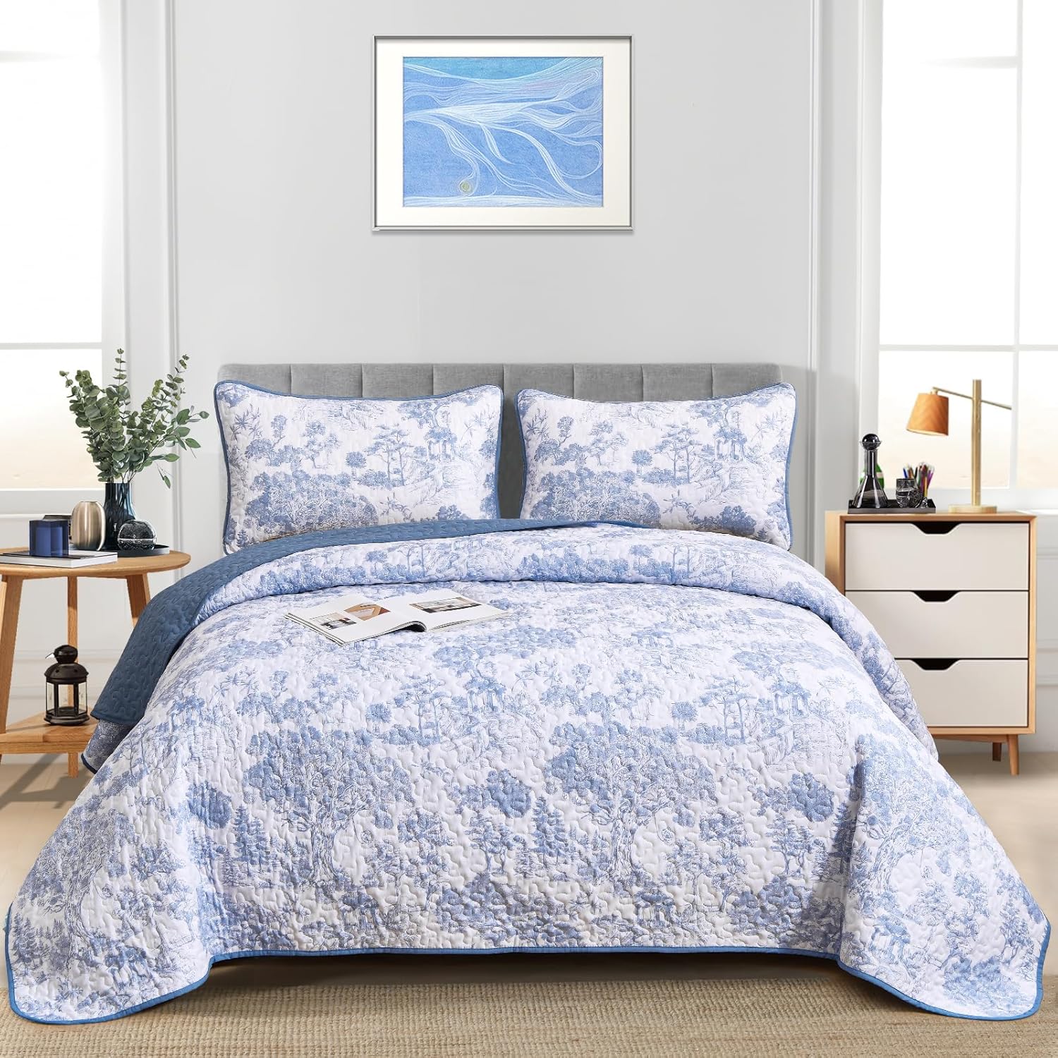 WONGS BEDDING Blue Quilt Set Queen Size 3 Piece