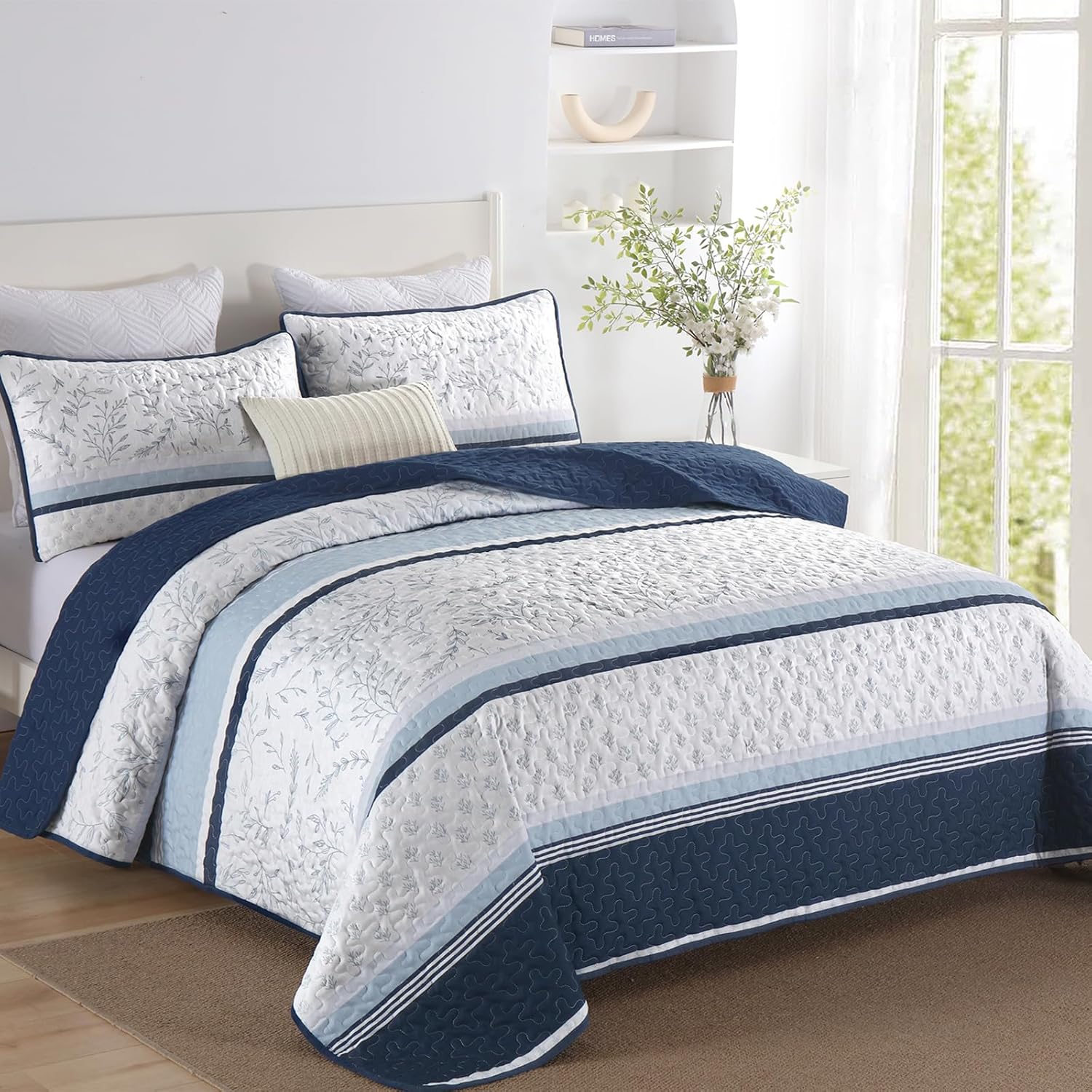 DJY Striped Quilt Set Queen Size Navy Blue