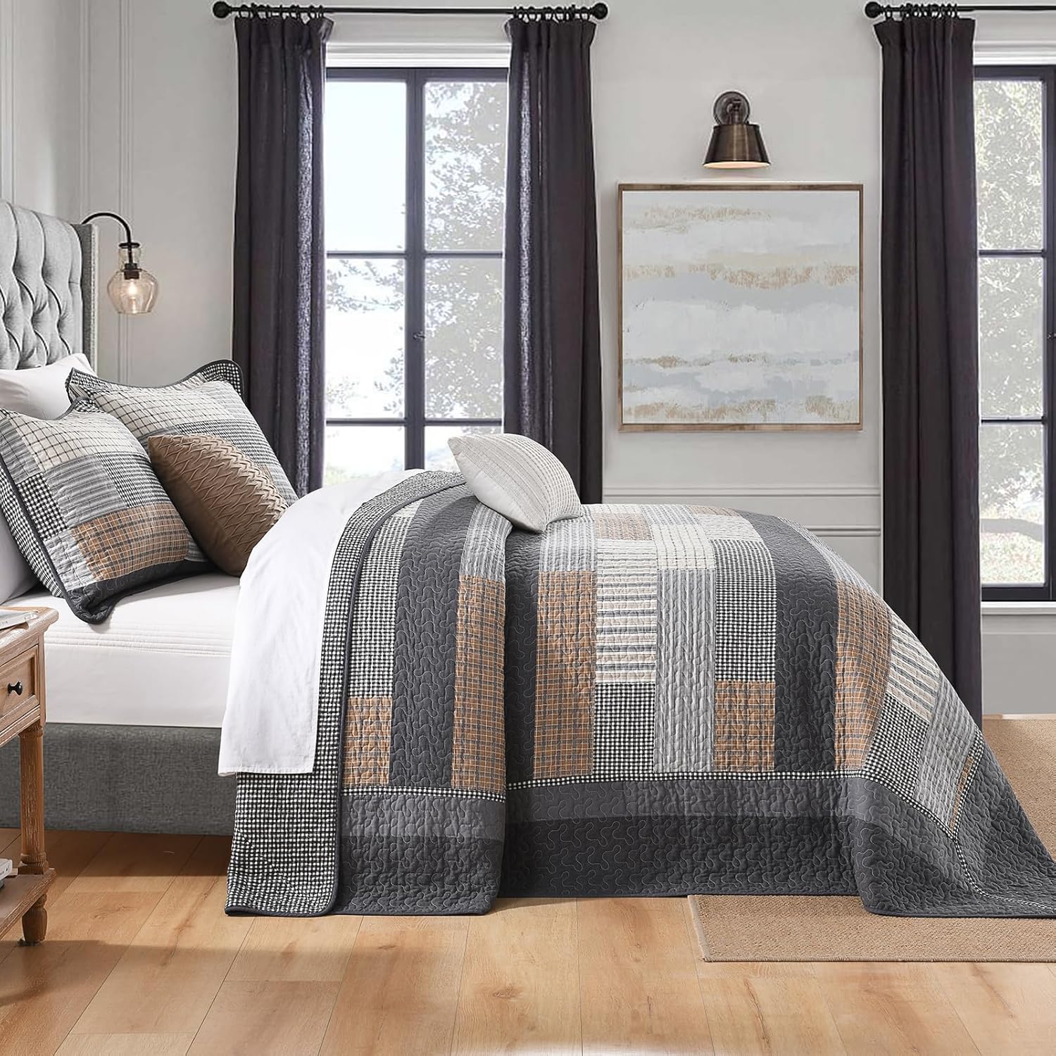 Soforpring 100 Cotton Cal King Bedspread Set - 120x120 Gray Farmhouse Plaid 3pcs