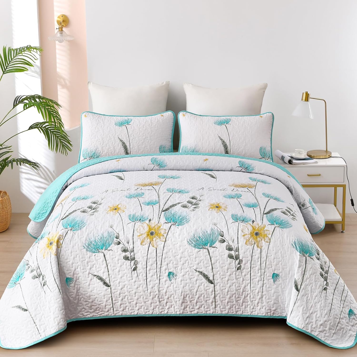 Dinjoy Floral Quilt Set Queen Size 3 Pieces 1
