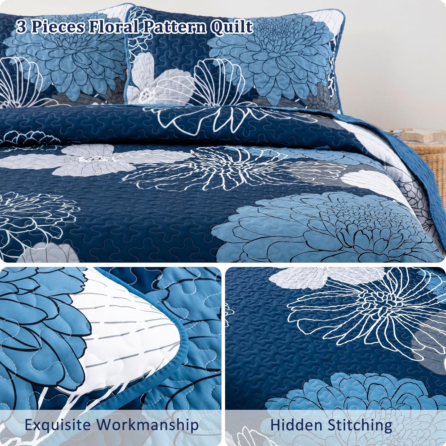 Anibedding 3 Piece Navy Blue Floral Quilt Set Queen Size