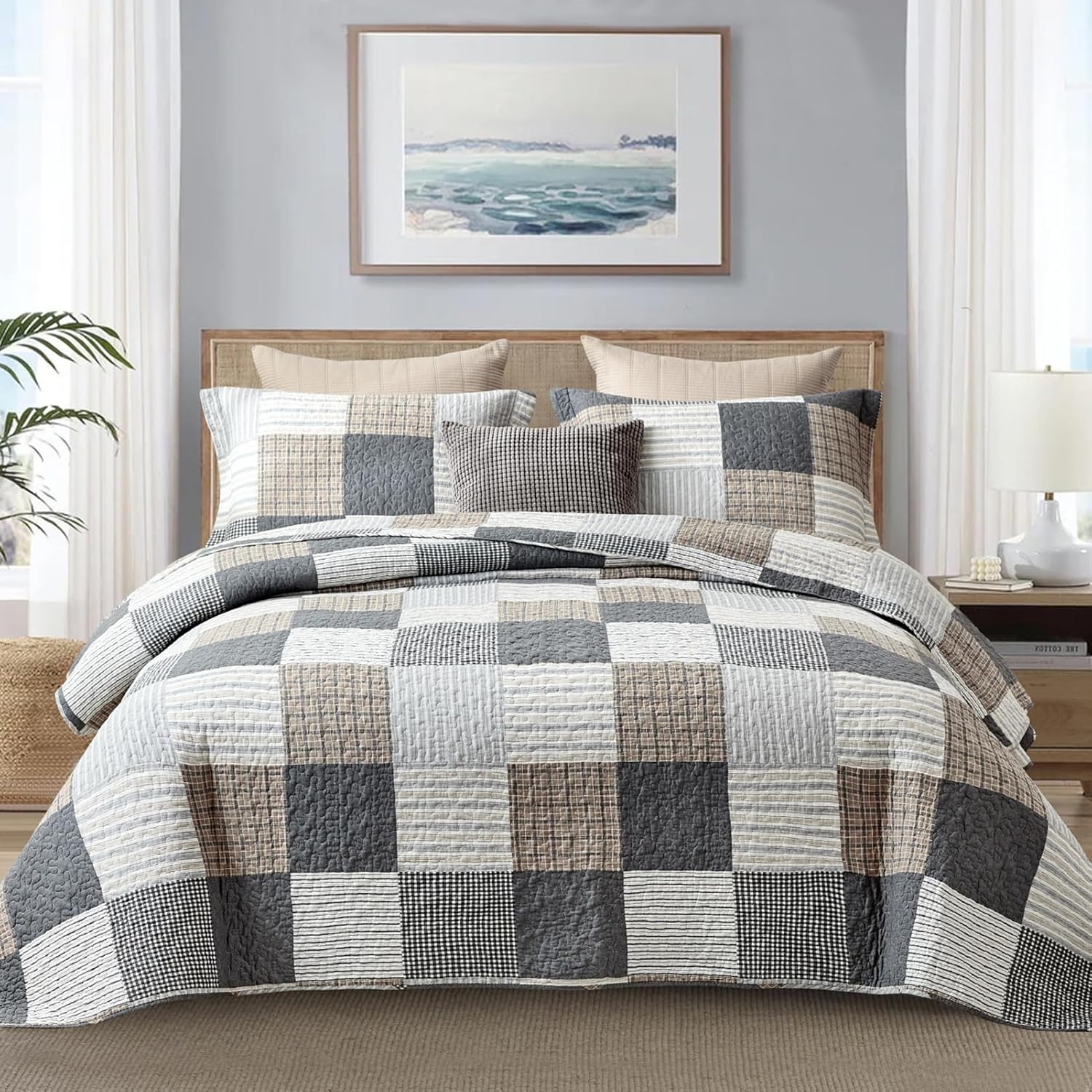 Finlonte Quilt Set Queen Size - 100 Cotton Plaid Bedspread