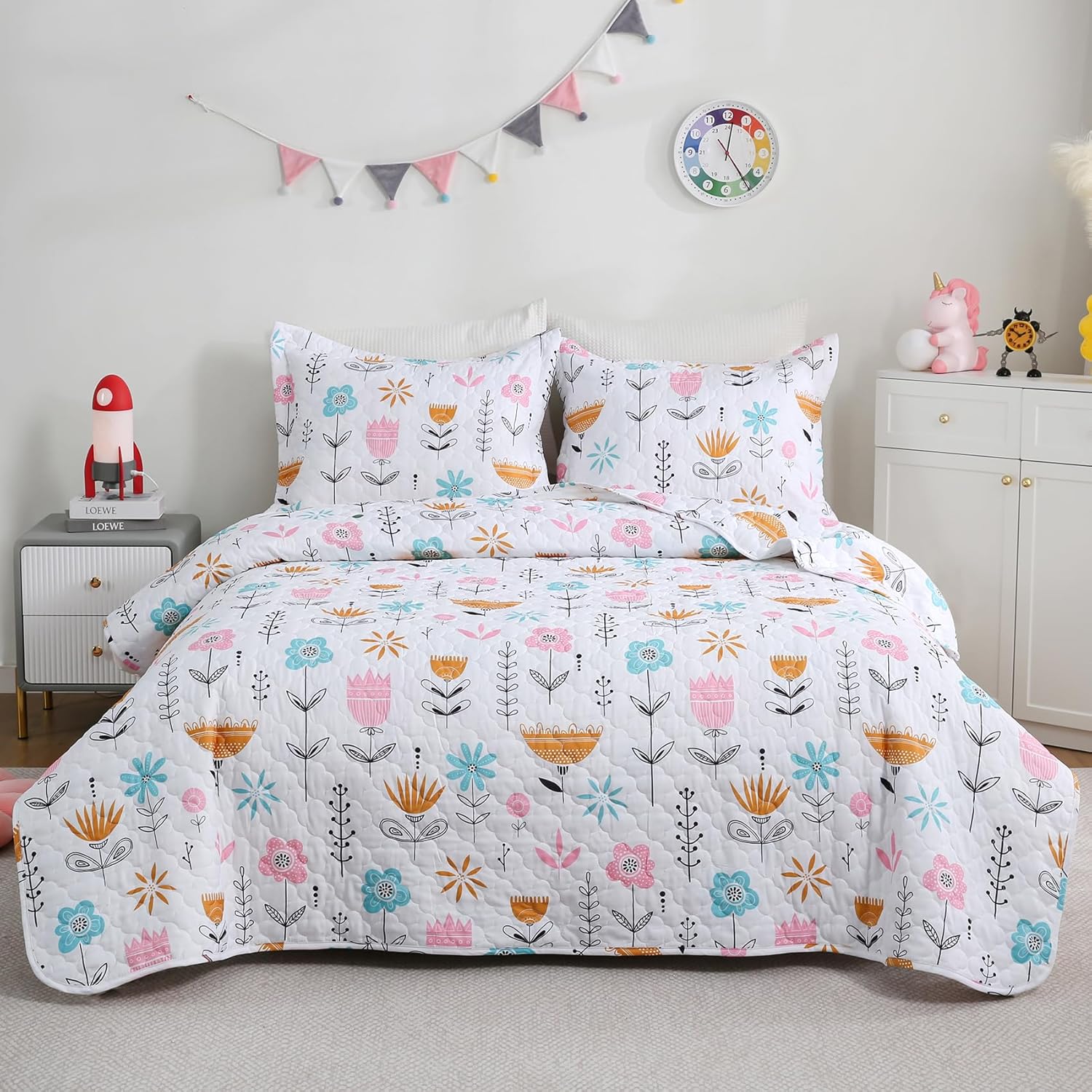 CIMVI Girls Pink Floral Quilt Set Full Size Kids Bedding