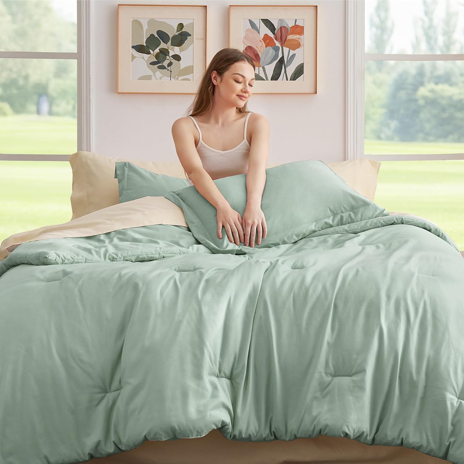Bedsure Queen Comforter Set - 7 Piece Sage Green Bedding with Contrasting Design