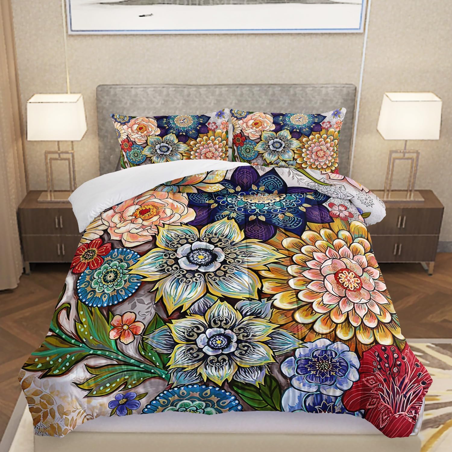 3-Piece Boho Floral Comforter Set King Size
