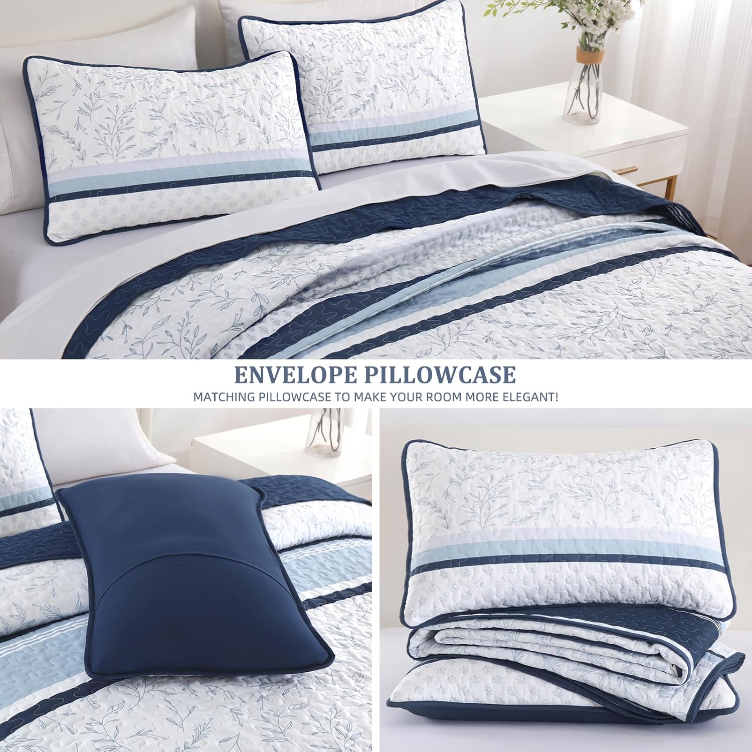 DJY Striped Quilt Set Queen Size Navy Blue