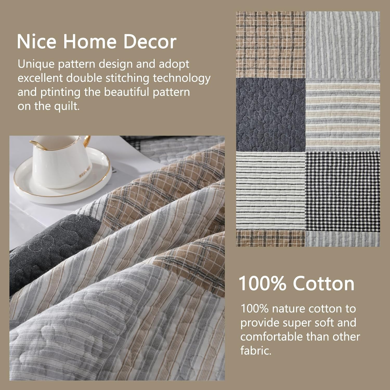 Finlonte Quilt Set Queen Size - 100 Cotton Plaid Bedspread