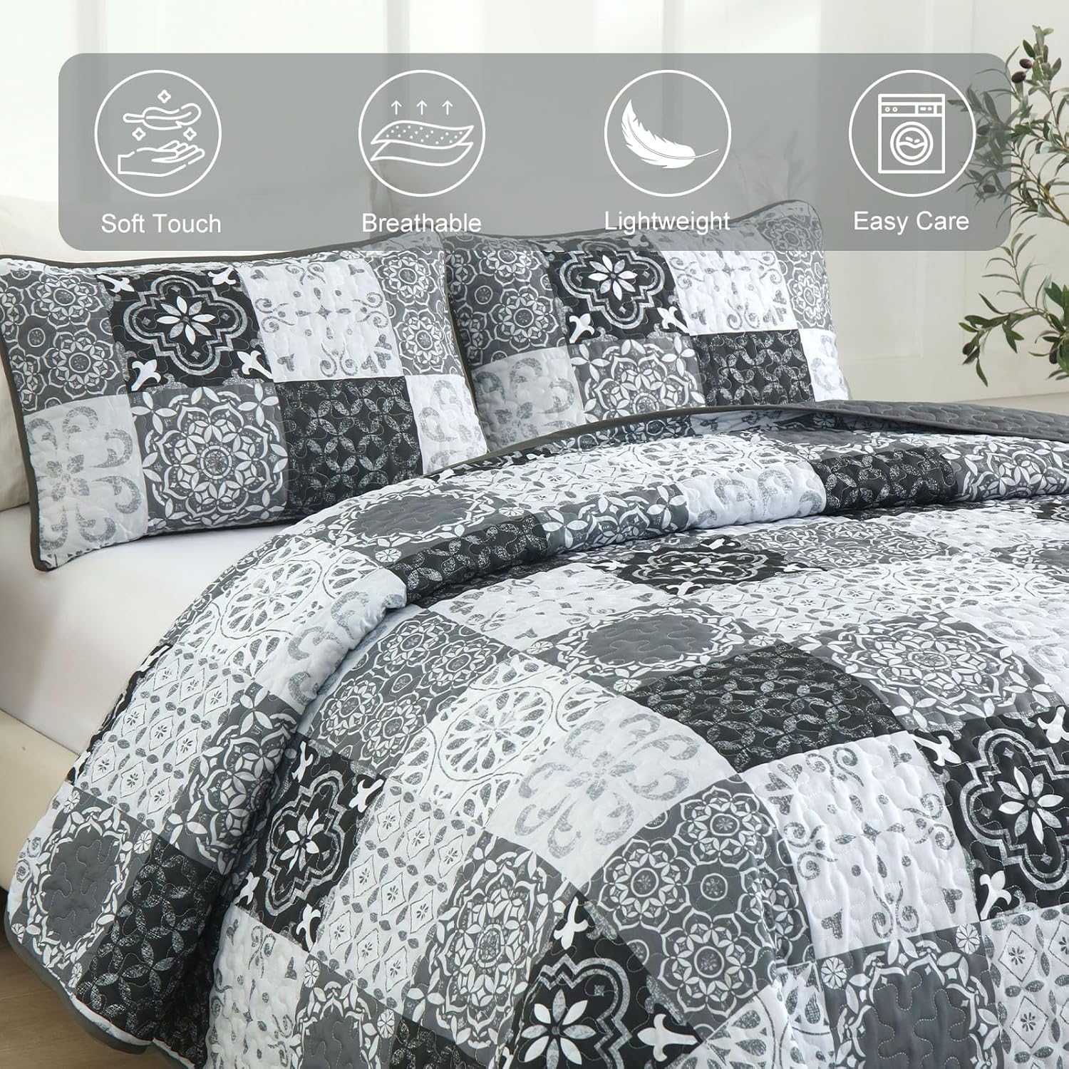 Dobuyly Grey Black Patchwork Quilt Set Queen Size