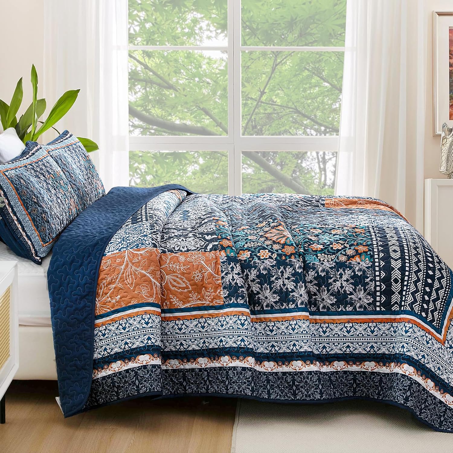 Navy Blue Bohemian Quilt Set Queen Size 96x90